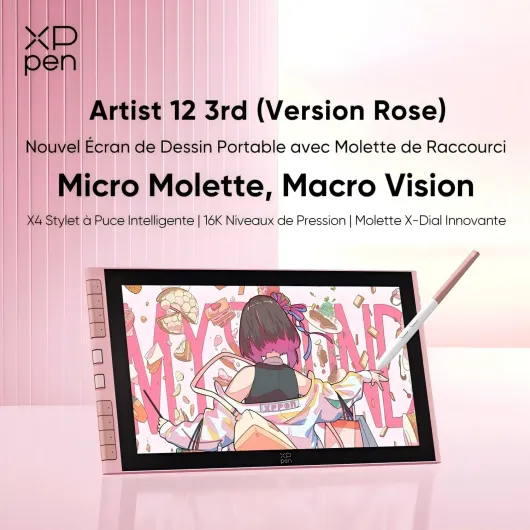 Artist 12 3rd Rose (Édition 2026) - Tablette Graphique Dessin Écran Laminé 12 Pouces avec 2 Molettes X-Dial, 8 Raccourcis, X4 Stylet à 16k pour Les illustrateurs, Designers ou Étudiants en Art