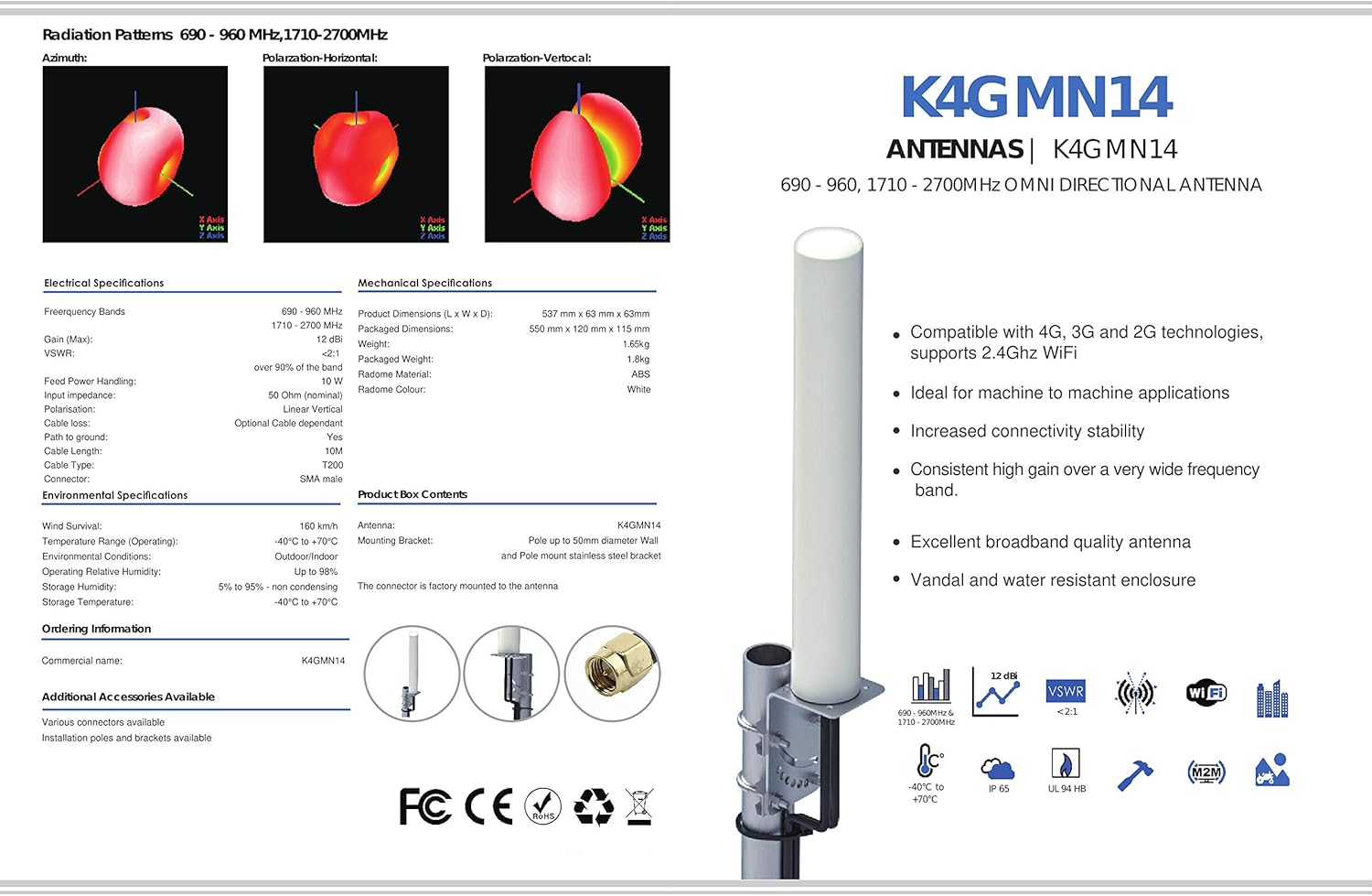 KASER Antenne 4G LTE Exterieur Mimo Omnidirectionnel Étanche 696 – 2700 MHz connecteur SMA CRC9 TS9 Compatible pour Routeur 4G Gagnez jusqu'à 12 dBi Réception jusqu'à 15 KM (Câble 2 x 10 m)