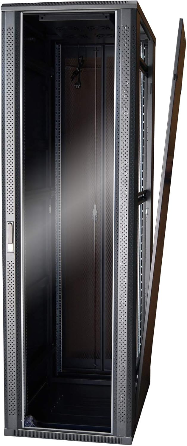 37445M Baie Serveur 42U 600X900, Brassage Informatique 19 Pouces, Porte Avant vitrée à Serrure et Double Porte Arrière Saloon nids d’Abeille – Noir, Livrée montée sur Palette 42U - 600x900
