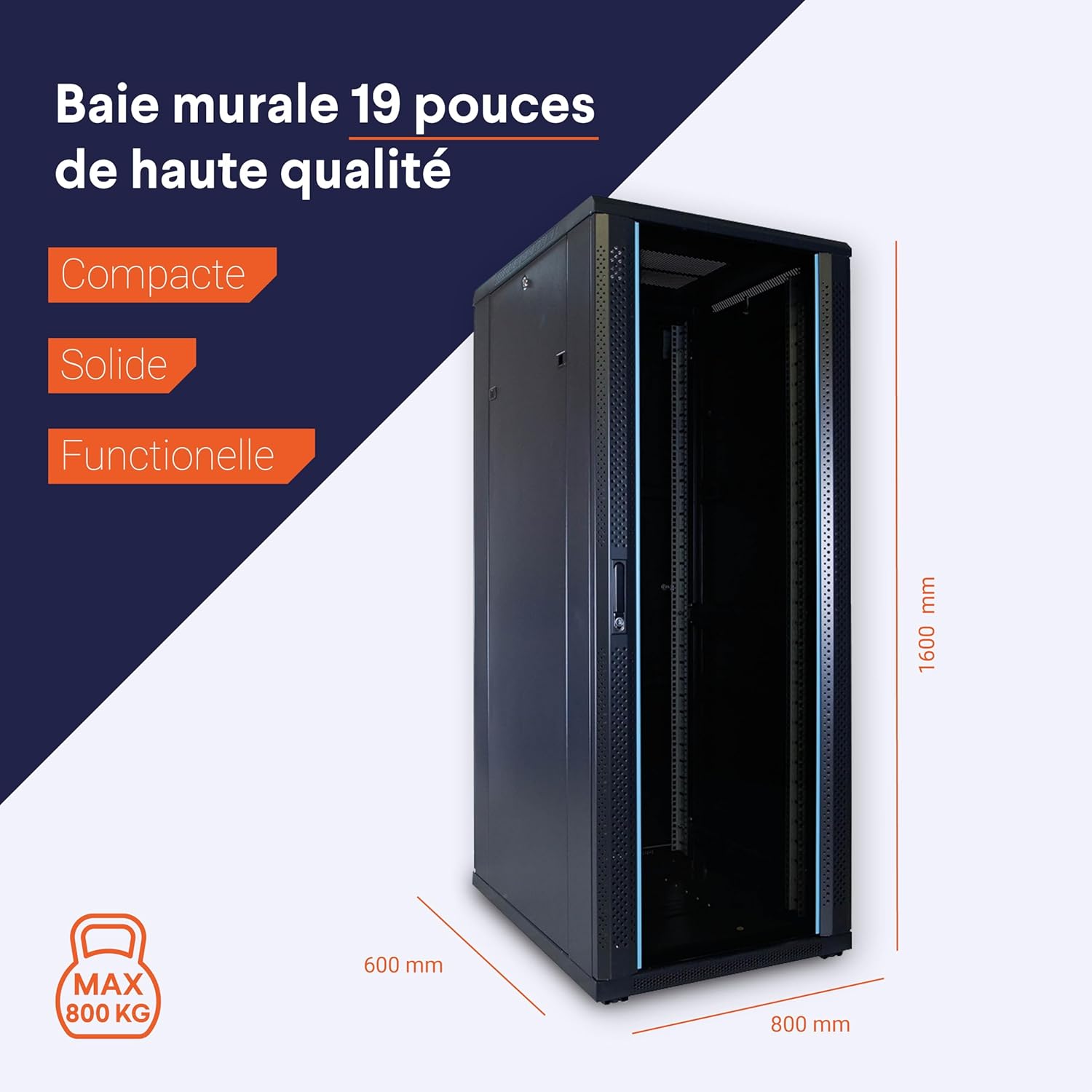 Baie de Serveur 32U avec Porte en Verre 600x800x1600mm (LXPXH) - Noir Porte en verre Noir 32 U