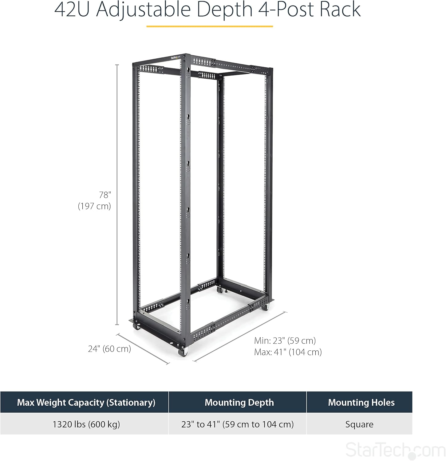 Rack Serveur 42U 4 Montants Ouvert Mobile, 19", 101cm, 600kg - Cadre ouvert, Fixation au sol, Profondeur de montage réglable, Acier roulé à froid 111.9x60x197.1 cm