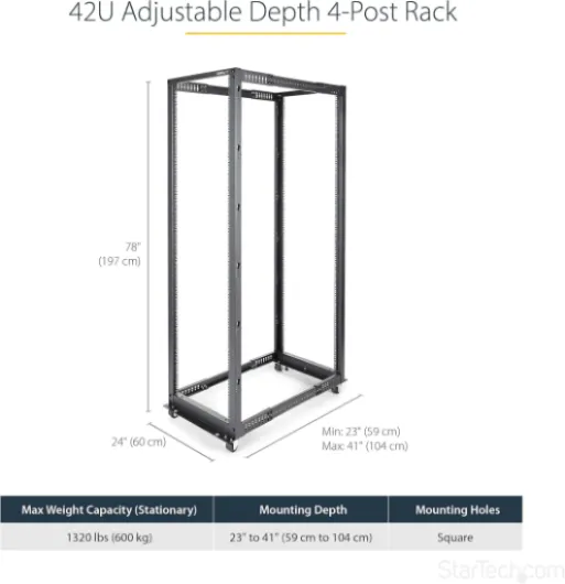 Rack Serveur 42U 4 Montants Ouvert Mobile, 19", 101cm, 600kg - Cadre ouvert, Fixation au sol, Profondeur de montage réglable, Acier roulé à froid 111.9x60x197.1 cm