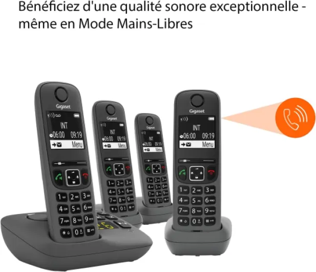 A695A Quattro, téléphone DECT, 4 combinés, répondeur, Gris - Sans fil, écran à haut contraste, mains libres, protection d’appels, [Version française], fabriqué en Allemagne Avec Répondeur Quattro Gris