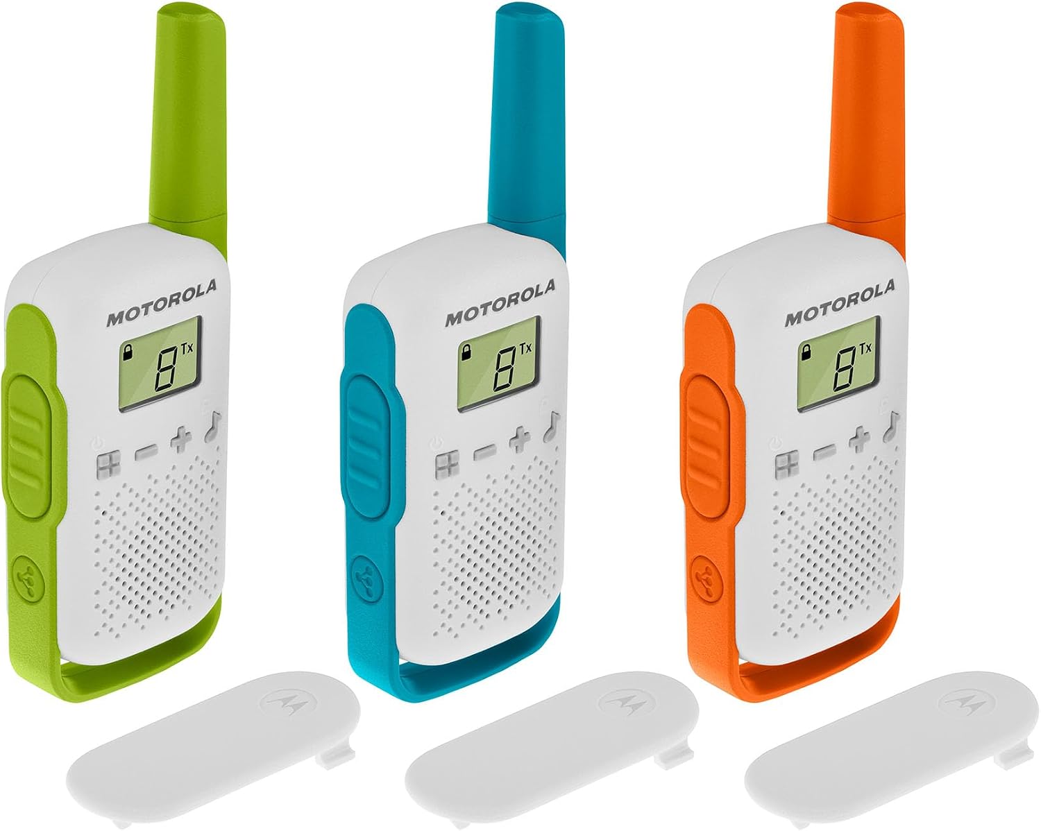 Motorola Talkie-walkie portée de 4 km Blanc avec Contours Orange/Vert/Bleu, TLKR T42 Trio