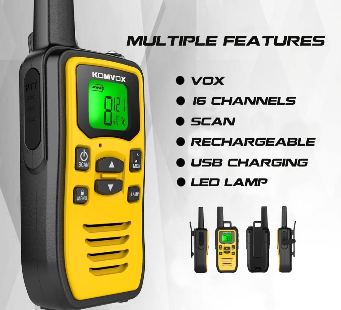 Talkie Walkie Professionnel Longue Portée, 16 Canaux Rechargeable USB, VOX LED Talkie-Walkie Jaune, Paquet de 2