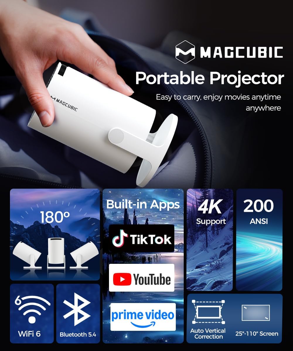 Videoprojecteur Portable 4K Supportée, Mini Projecteur 200 ANSI - Rétroprojecteur Vidéo WiFi 6 Bluetooth 5.4, 720P HD Natif, Correction Trapézoïdale Horizontale Automatique, 180° Rotatif Blanc