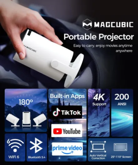 Videoprojecteur Portable 4K Supportée, Mini Projecteur 200 ANSI - Rétroprojecteur Vidéo WiFi 6 Bluetooth 5.4, 720P HD Natif, Correction Trapézoïdale Horizontale Automatique, 180° Rotatif Blanc