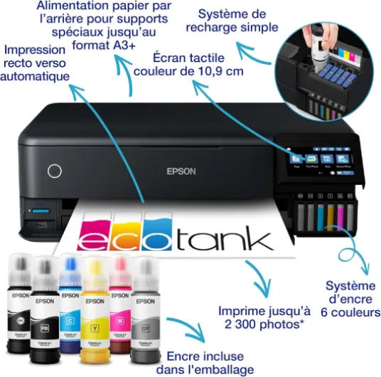 Imprimante photo A3+ EcoTank ET-8550 avec réservoir d’encre et Wi-Fi - Impression photo, encres 6 couleurs, Wi-Fi, A3+, impression, copie, numérisation, écran tactile 10,9 cm