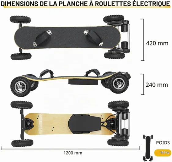 Skateboard Électrique Tout Terrain avec Pneus Gonflables 7,8", Double Moteur 1650W, Longboard Électrique Professionnel, Vitesse 40KM/H, Étanchéité IP64, Idéal pour Ville et Chemins B