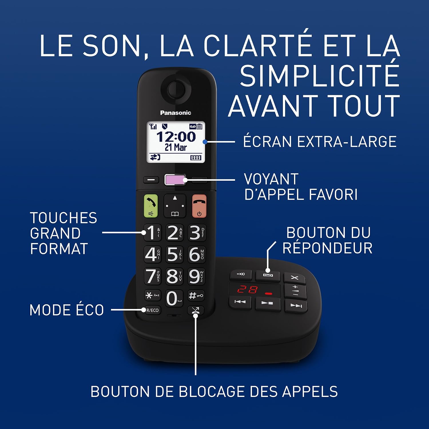 KX-TGU133EXB Téléphone Numérique sans Fil avec Répondeur, Unité de Base et 3 Combinés, Écran LCD, Grosses Touches, Appel Favori, Compatible avec Les Appareils Auditifs, Noir Unité de Base et 3 Combinés Téléphone Numérique avec Répondeur