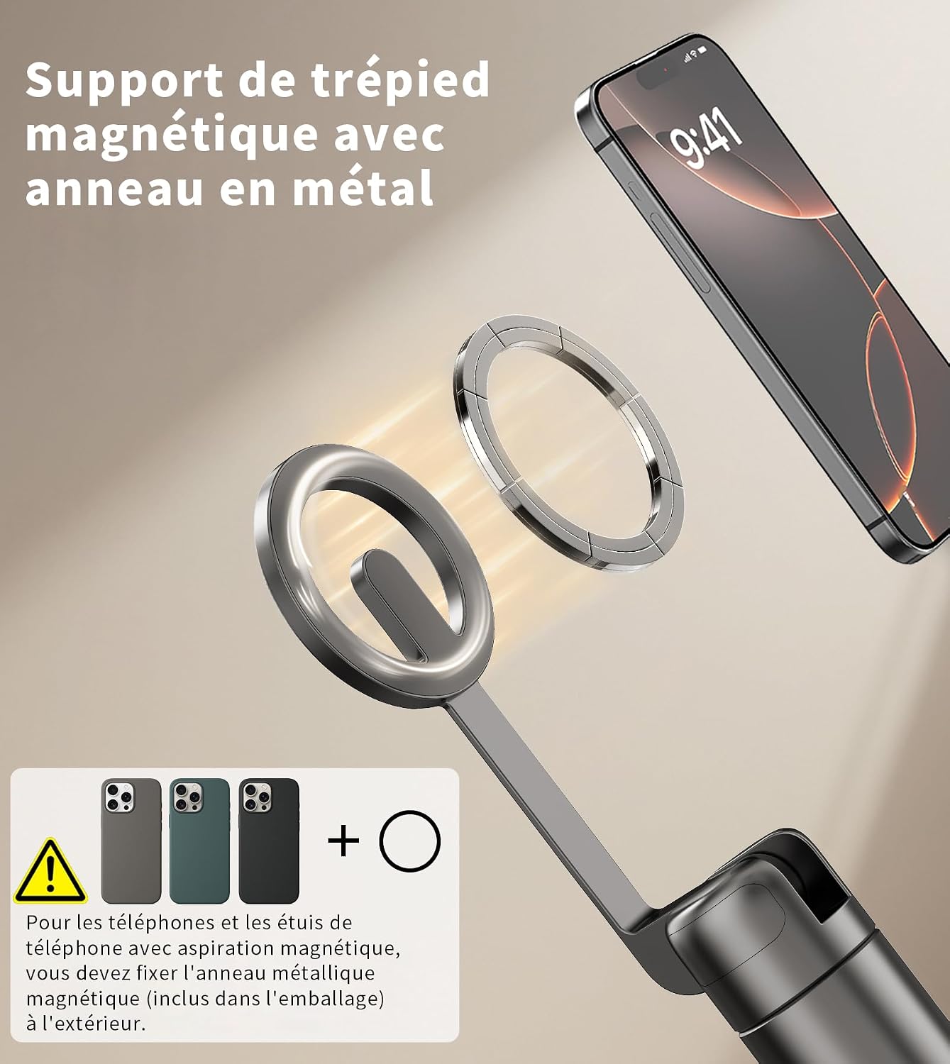 173cm Trépied Smartphone Perche Selfie Magnétique Aluminium - Trepied pour iPhone/Android,Rotatif à 360°,Trépied Telephone Rétractable avec Anneau&Télécommande&Têtes,Fixation pour Magsafe 173cm Noir