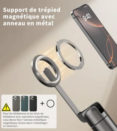 173cm Trépied Smartphone Perche Selfie Magnétique Aluminium - Trepied pour iPhone/Android,Rotatif à 360°,Trépied Telephone Rétractable avec Anneau&Télécommande&Têtes,Fixation pour Magsafe 173cm Noir